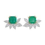 18K White Gold Marquise and Pear Lab Diamond Sunburst Studs with Green Emerald front view