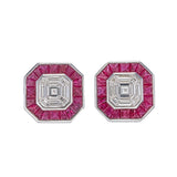 8kt white gold pie-cut diamond and invisible set ruby halo stud earrings, 2ct face-up Asscher-shaped pie-cut diamond centre with 2.80ct natural ruby invisible setting halo, octagonal bezel frame — AER064 by Trinity Designer Jewel