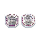 18kt white gold pie-cut diamond and invisible set ruby halo stud earrings, 2ct face-up Asscher-shaped pie-cut diamond centre with 2.80ct natural ruby invisible setting halo, octagonal bezel frame — AER064 by Trinity Designer Jewel