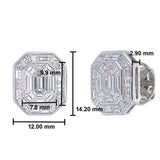Emerald-Shape Composite Diamond Studs with Baguette Halo with dimensions