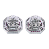 18kt gold pie-cut mosaic diamond ruby double halo stud earrings 1.70ct total Back view