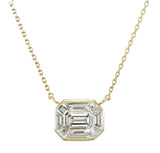 Detailed view of emerald shape puzzle setting and protective bezel on SKU-ANK012 illusion diamond pendant.