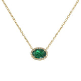 18KT Yellow Gold Oval Emerald Diamond Halo Pendant Necklace close up front view 