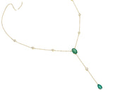 18KT Yellow Gold Oval and Pear Emerald Diamond Bezel Station Lariat Necklace close up view 