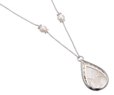 Close-up of freshwater pearl station with diamond pavé rondelle caps on 18kt white gold chain, ANK090 necklace detail, 20 inch length