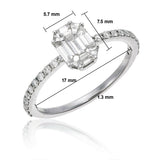 18KT White Gold Pie-Cut Emerald Diamond Pave Engagement Ring with dimensions 