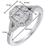 AR0045 Emerald Cut Illusion Diamond Halo Ring | Pie-Cut & Pavé | 18kt White Gold with dimensions