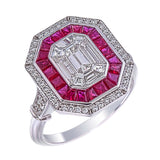 18kt white gold pie-cut diamond invisible set ruby double halo ring close up view