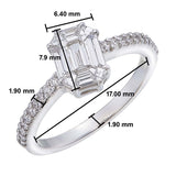 Modern 18K White Gold Double Prong Baguette Illusion Emerald Style Ring with Pave Band