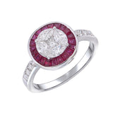 diamond cluster with ruby halo ring