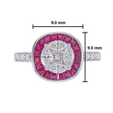 Close-up of invisible set ruby halo showing precision no-metal ruby setting around marquise diamond