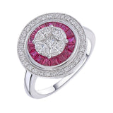 Cluster of diamonds & invisible set ruby ring.