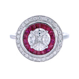 Top view of AR1334 double halo ring, diamond illusion cluster centre surrounded by invisible set calibré ruby halo and outer pavé diamond halo, 15.7mm circular head, 18kt white gold