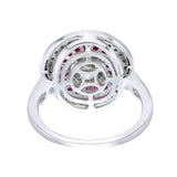 Side profile of 18kt white gold double halo diamond and ruby ring AR1334, showing raised circular head with layered halo construction and slim 1.7mm polished white gold band, fine jewellery made in Bangkok Thailand