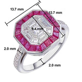 18KT White Gold fancy cut Baguette Illusion Invisible set Diamond Ring with Invisible Set Ruby Halo with dimensions