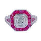 Close-up of pie-cut diamond mosaic Asscher centre on AR1336 ring, step-cut and baguette diamonds precision-fitted inside bezel creating seamless Asscher face-up appearance, F–G colour VVS–VS clarity natural diamonds