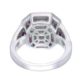 Back profile of 18kt gold pie-cut Asscher diamond and ruby halo ring AR1336, round brilliant pavé diamond shoulders running full length of band, octagonal bezel head, polished gold band, fine jewellery made in Bangkok Thailand