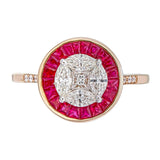 Top view of AR1340 pie-cut diamond illusion cluster ring, four marquise and princess-cut diamonds creating seamless 2ct round appearance, surrounded by invisible set natural ruby halo in 18kt rose gold