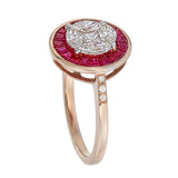Close-up of invisible set natural ruby halo and pavé diamond shoulders on 18kt rose gold ring AR1340, calibré-cut rubies set edge to edge with no visible metal between stones, 0.70ct total ruby weight