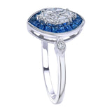18kt gold invisible set blue sapphire diamond illusion ring worn on hand