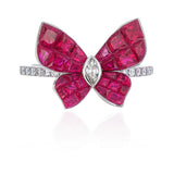 18KT White Gold Invisible Setting Ruby Diamond Butterfly Ring front view close up