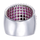 Close-up of round brilliant diamond pavé border on AR1486 ruby band ring, 1.00ct total F–G VS clarity diamonds framing ruby invisible setting face