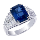 AR1539 4 carat natural blue sapphire ring with baguette diamond double row shoulders 18kt white gold
