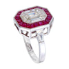 Dazzling Pie Cut Diamond Ring Surrounded by Ruby Halo