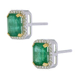 18K Emerald and Diamond Halo Stud Earrings -Minimal design close up side to side