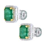 18K Emerald and Diamond Halo Stud Earrings -Minimal design with push backs side to side