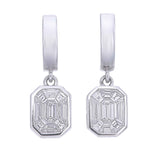 18KT White Gold Baguette Illusion Emerald Cut Diamond Bezel Huggie Drop Earrings front view
