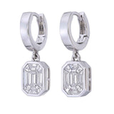 18KT White Gold Baguette Illusion Emerald Cut Diamond Bezel Huggie Drop Earrings