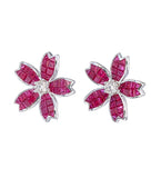 AER063 invisible set ruby flower earring, five petals with calibré rubies set flush, open gold bezel border, natural ruby invisible setting, 18kt gold