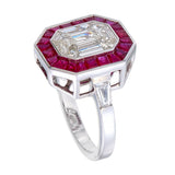 Emerald Shape Baguette Illusion Diamond Ring with Calibre Cut Ruby Border and Side Baguettes side view