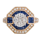 Art Deco Marquise Princess Illusion Ring with Double Halo of Invisible Set Sapphires & Diamonds A Vintage Inspired Luxurious Design