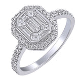 Emerald-Cut Pie-Cut Diamond Halo Engagement Ring with Pavé Band
