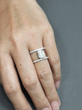 Architectural Wide Split Pave Band Ring with Floating Baguette Illusion Center on hand