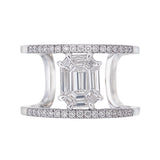 Architectural Wide Split Pave Band Ring with Floating Baguette Illusion Center front view close up