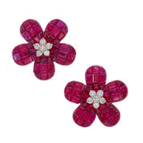 18K Rose Gold Invisible Set Ruby Floral Studs with Diamond Accent front close up