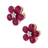 18K Rose Gold Invisible Set Ruby Floral Studs with Diamond Accent front to side view 