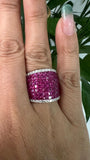 18kt white gold invisible set ruby wide band ring AR1486 worn, 13.00ct total, full ruby face with diamond borders, statement fine jewellery Bangkok