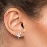18KT White Gold Baguette and Round Diamond Geometric Fan Stud Earrings on Ears 