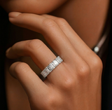 Platinum emerald cut diamond eternity band side profile showing ON A MODEL