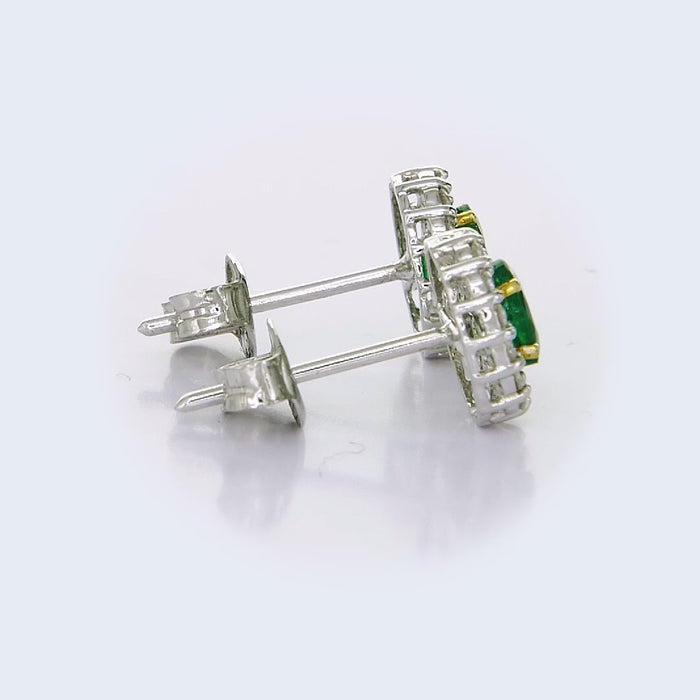 18KT White and Yellow Gold Oval Emerald Diamond Halo Stud Earrings video 
