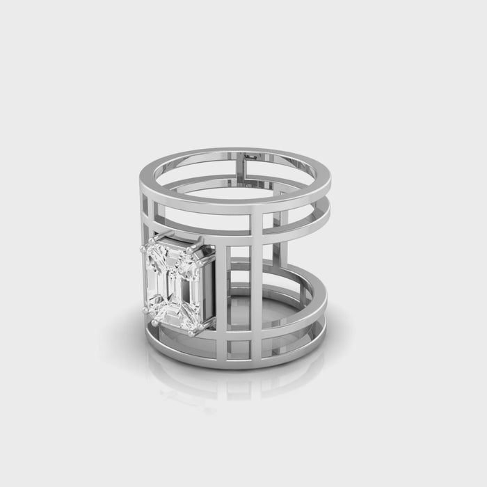 18kt gold pie-cut emerald diamond ring TR059, 1.00ct pie-cut cluster centre, open grid three-rail polished band, yellow white rose gold