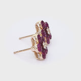 18K Rose Gold Invisible Set Ruby Floral Studs with Diamond Accent 360 deg video close up