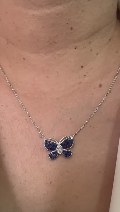 18kt gold invisible set blue sapphire butterfly pendant ANK030, 2.50ct sapphire wings, 0.25ct marquise diamond, 18x12mm, yellow white rose gold
