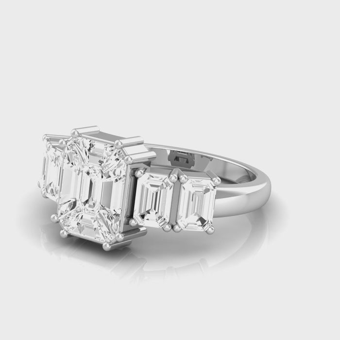 18kt gold five-stone emerald-cut diamond ring TR047, 1.60ct total, pie-cut cluster centre with four emerald-cut shoulders, yellow white rose gold