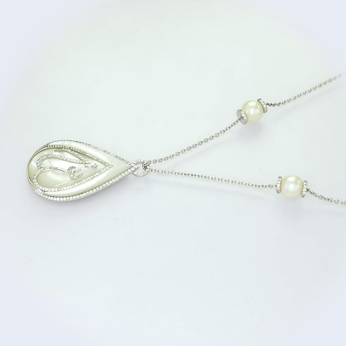 18kt white gold Allah calligraphy diamond pavé pendant necklace ANK090, mother of pearl pear panel, 1.00ct round brilliants, pearl station chain, 20 inch