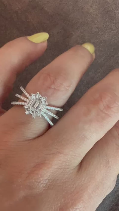 Baguette Illusion Piecut Emerald Diamond Triple Split Shank Ring video close up